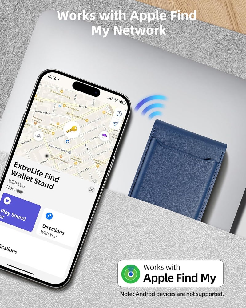ExtreLife for Magsafe Wallet, Works with Apple Find My, Strongest Magnetic Wallet for iPhone 17/16/15/14/13/12 Series, Adjustable Stand, WalletTracker, 6 Cards Holder, Vegan Leather, Blue - Image 2
